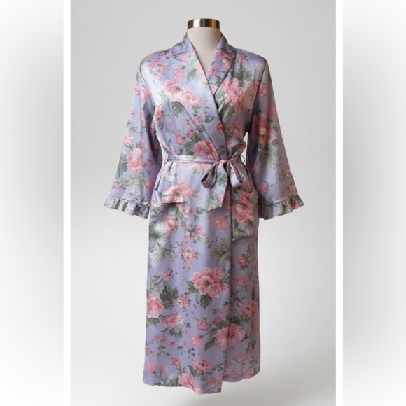 NWT Vintage 80s Nordstrom Miss Elaine Long Floral Satin Kimono Robe Union Made M